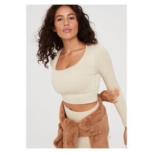 Aerie Offline Seamless Cable Squareneck Ribbed Crop Top M Tan